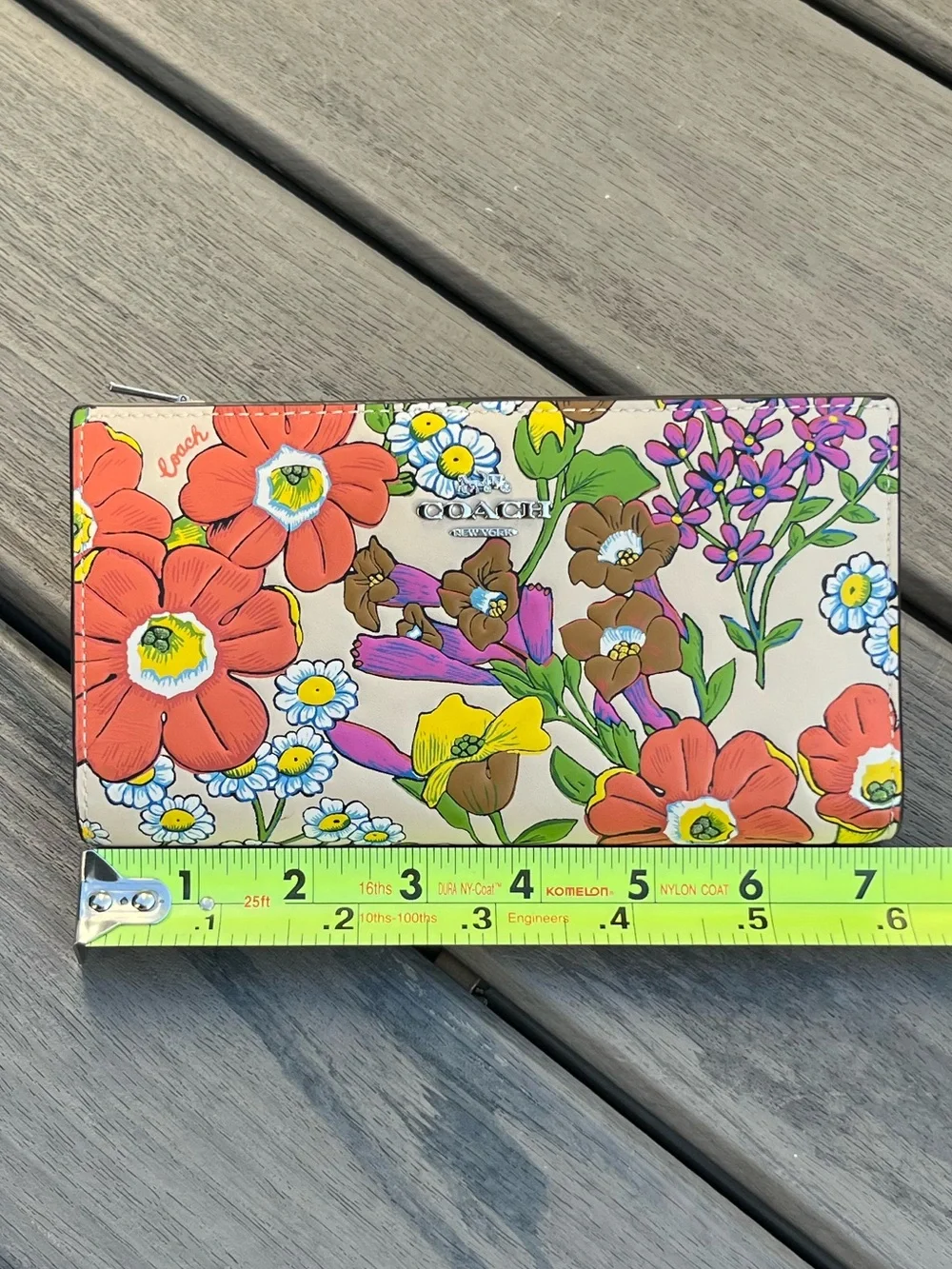 Coach; Slim Zip Wallet; Rare; Ivory/Multi Color; Textured; Floral Print Leather